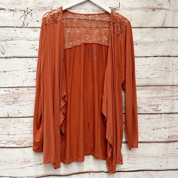 TORRID Super Soft Rust Burnt Orange Front Drape Lace Yoke Cardigan Sweater Sz 1 - Picture 5 of 8
